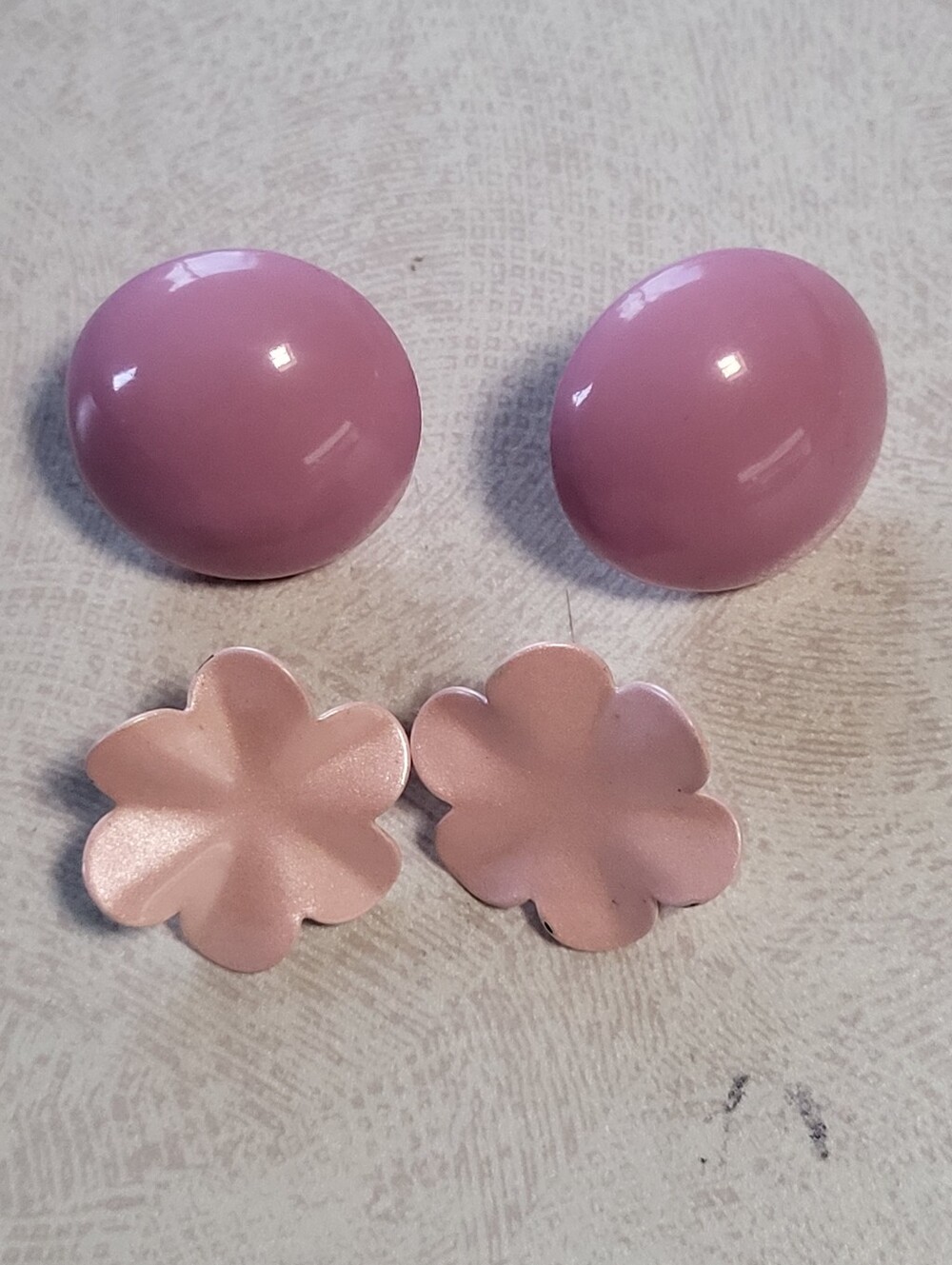 Lot of 2 Pairs Pink Earrings Retro Enamel Button Studs & Floral Pierced 80s